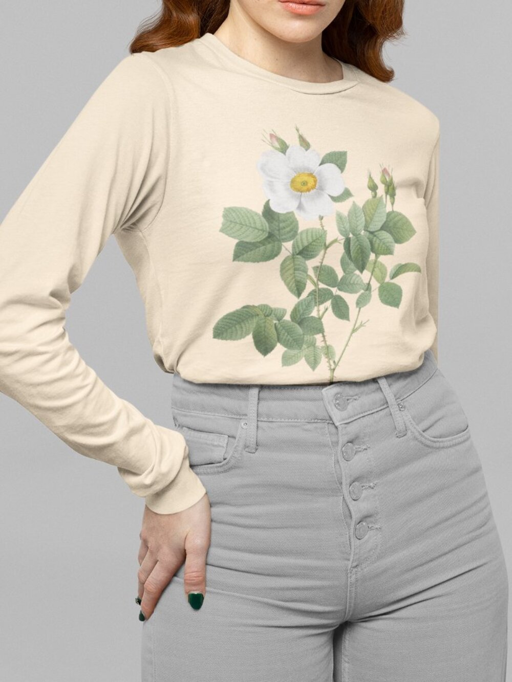 Twin-Flowered White Rose VTG Floral Print Long Sleeve Graphic Tee T-shirt S-XXL
